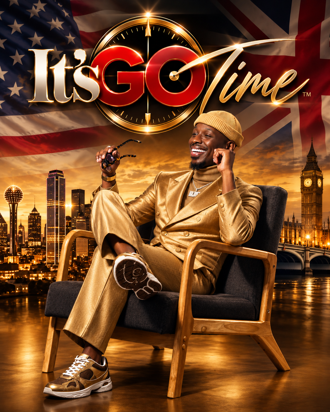 Dr. Rashun D. Faust seated in an armchair in a gold suit beneath the It's Go Time logo, with city skylines behind him